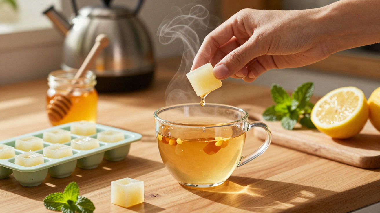 Mão a colocar cubo de limão numa chávena de chá quente com infusão de mel, limão e hortelã na mesa de madeira.