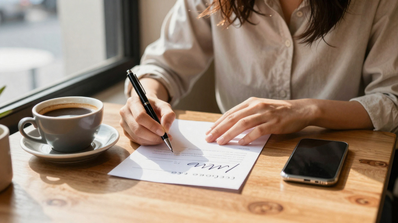 Pessoa a escrever numa folha na mesa com chávena de café e telemóvel próximo numa cafetaria.