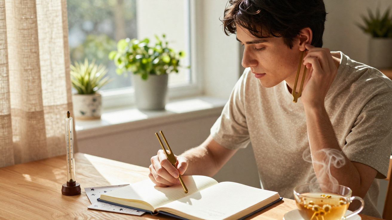 Jovem sentado à mesa a ler um livro, segurando um diapason junto ao ouvido, com chá e notas à sua frente.