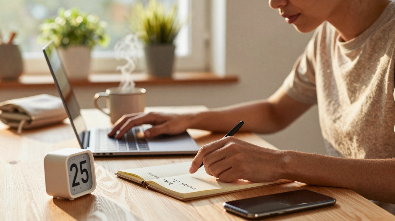 Pessoa a trabalhar num computador portátil com uma caneca quente, caderno, telefone e termómetro digital na mesa.