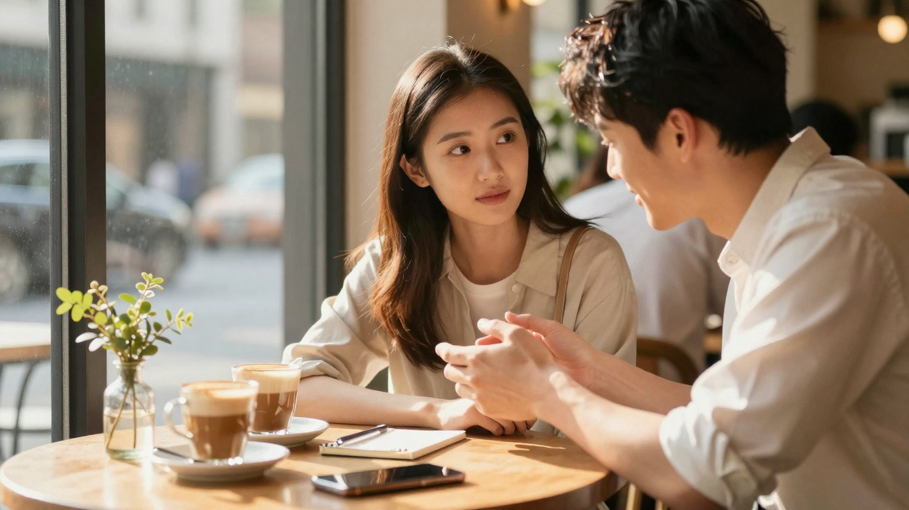 Casal jovem sentado à mesa de café conversando, com luz natural e duas bebidas na mesa.