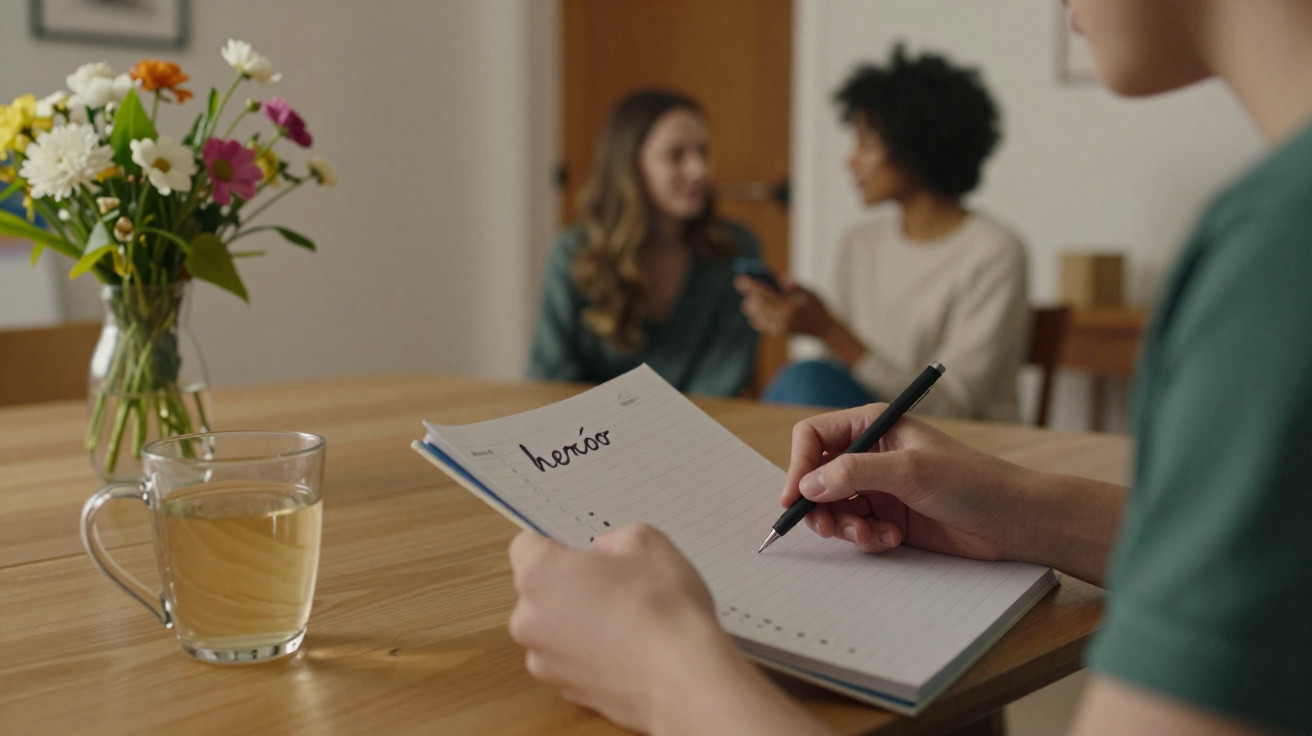 Pessoa segurando telemóvel e papel com lista, com duas pessoas desfocadas a conversar ao fundo numa sala.