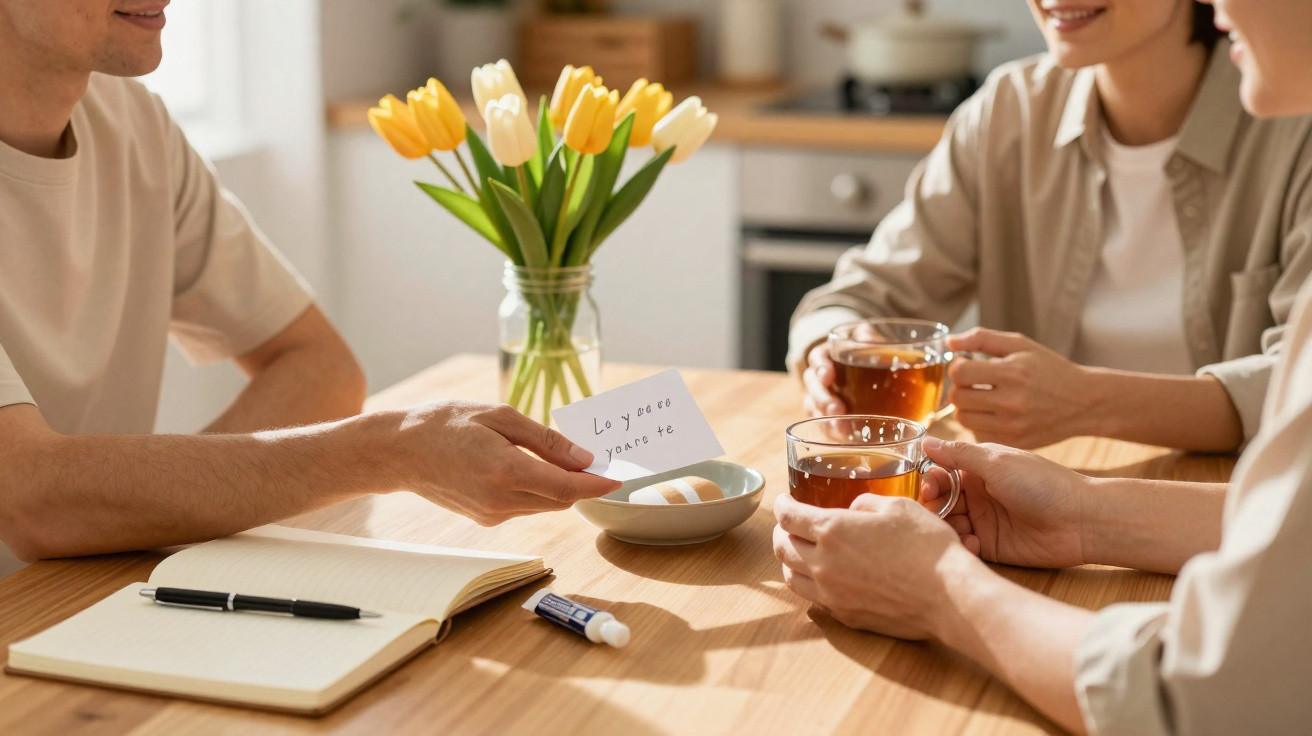 Duas pessoas trocando um bilhete numa mesa com flores amarelas, chá, caderno e medicamentos.