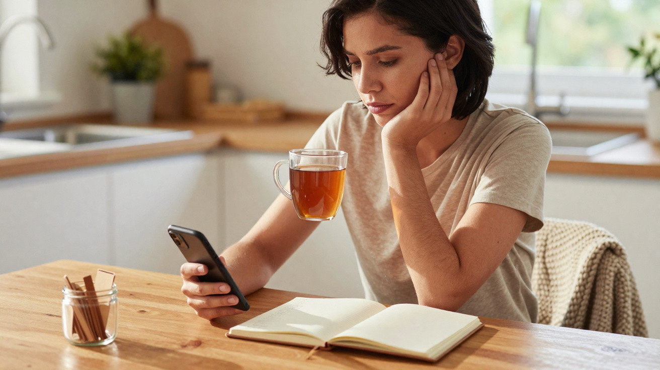 Mulher sentada à mesa a usar telemóvel, com chá e caderno numa cozinha luminosa.