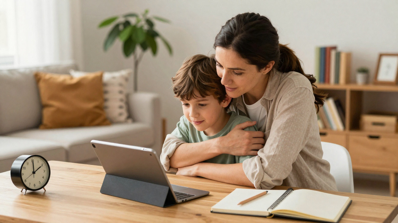 Mulher abraça menino enquanto assistem juntos a ecrã de tablet numa mesa com caderno e relógio.