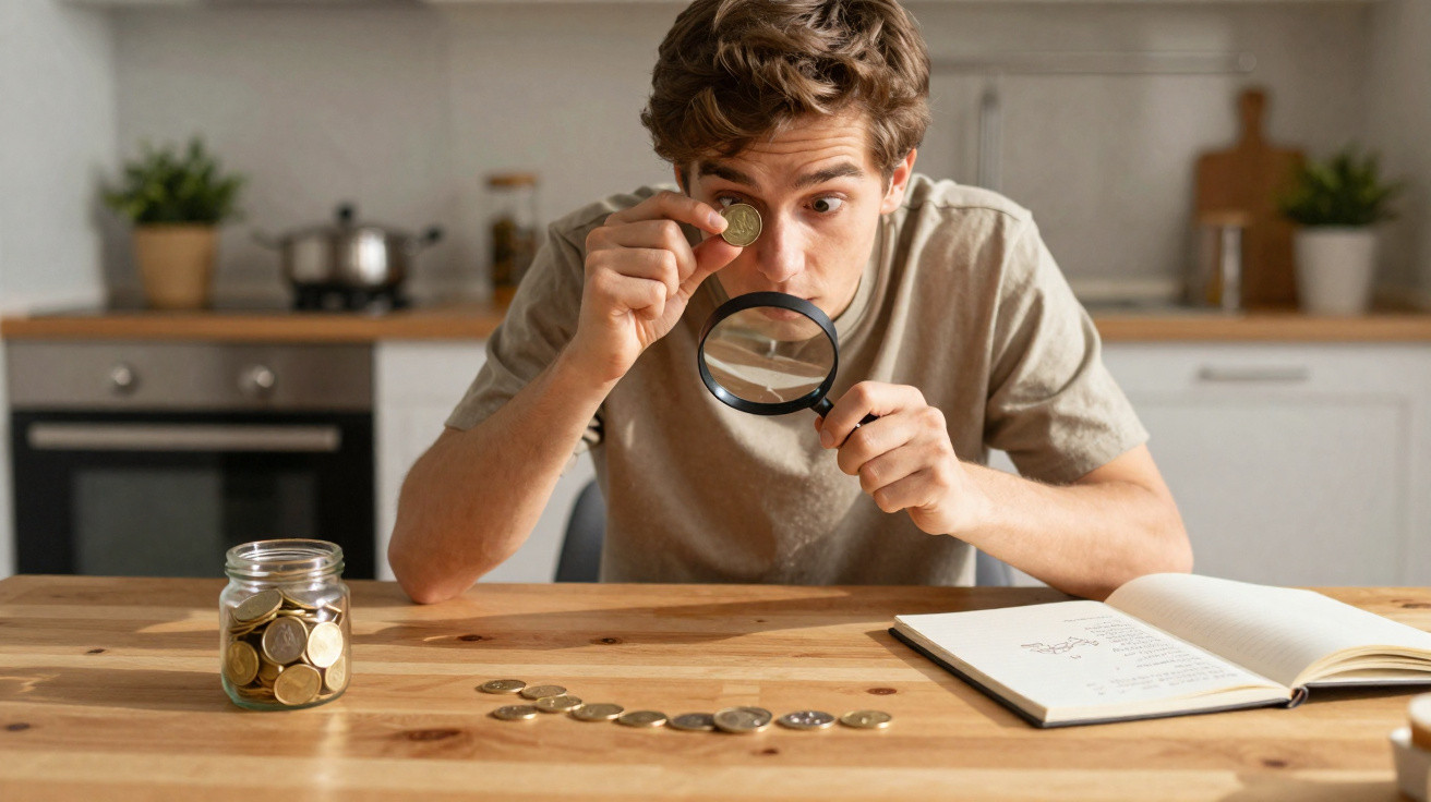 Jovem sentado à mesa com moedas nos olhos a olhar moedas com lupa, livro aberto ao lado numa cozinha.