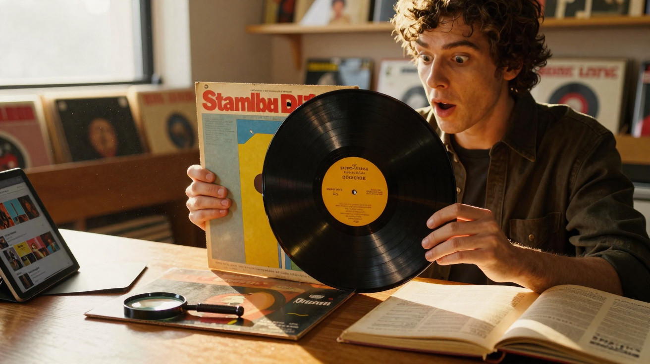 Jovem surpreso a manusear disco de vinil numa mesa com computador portátil, lentes de aumento e livro aberto.