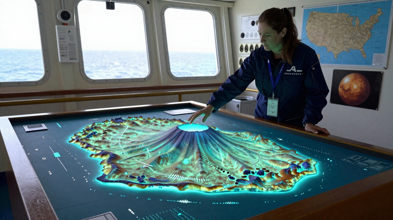 Mulher observa maquete iluminada de relevo em mesa interativa numa sala com vista para o mar.