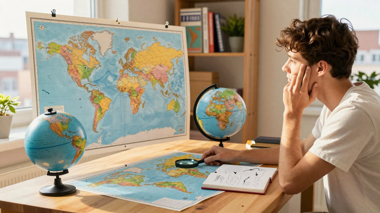 Jovem a analisar mapa-múndi histórico numa mesa com globo, lupa e caderno de desenhos.