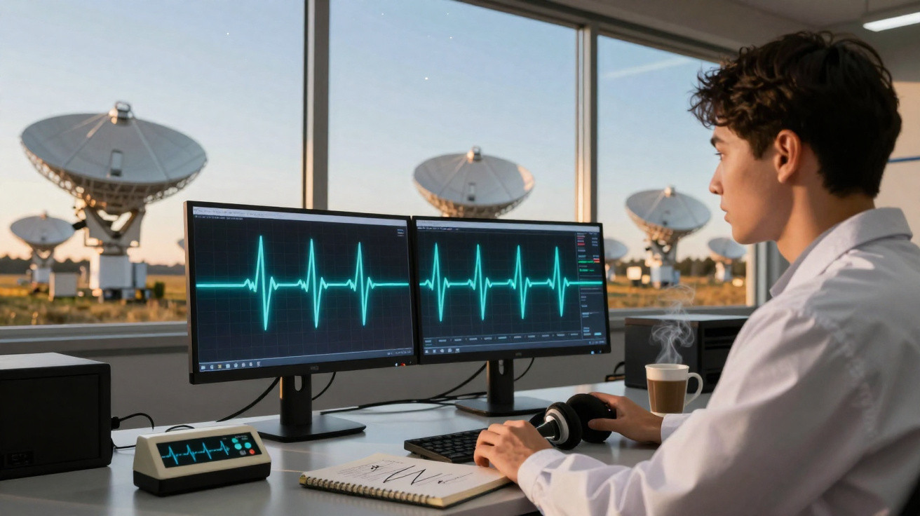 Homem a analisar gráficos de frequência cardíaca num computador com antenas parabólicas ao fundo ao pôr do sol.