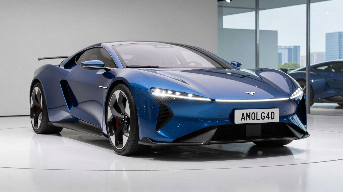 Carro desportivo azul brilhante estacionado em ambiente interior moderno com iluminação suave.