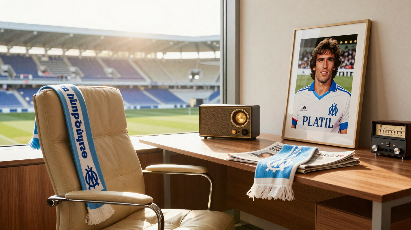 Vista interior de uma cadeira e secretária com cachecol, rádio antigo, jornais e fotografia de jogador num estádio de futebol