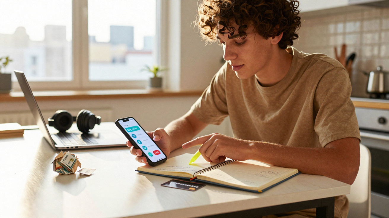 Pessoa a usar um telemóvel com aplicação de finanças, laptop, dinheiro e caderno numa mesa numa cozinha.