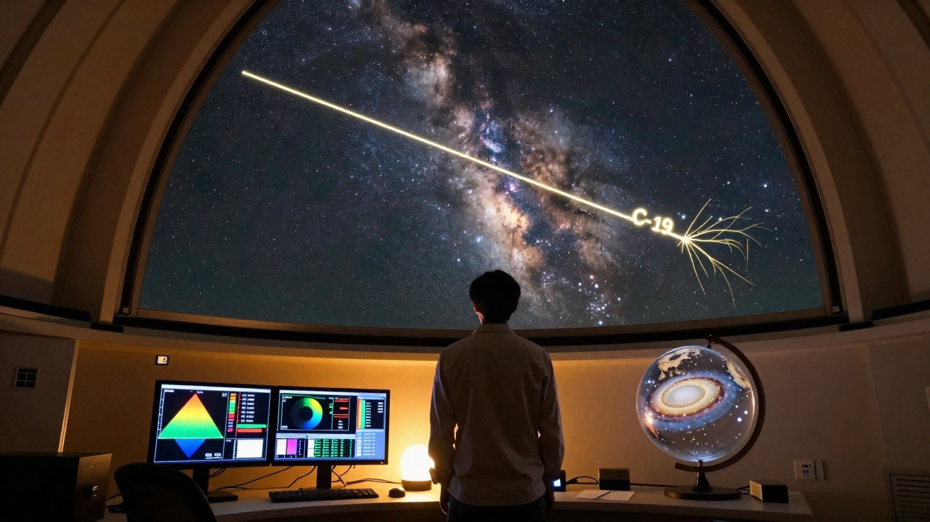 Pessoa observando projeção do céu estrelado e da Via Láctea numa cúpula de planetário com ecrãs e globo terrestre iluminado.