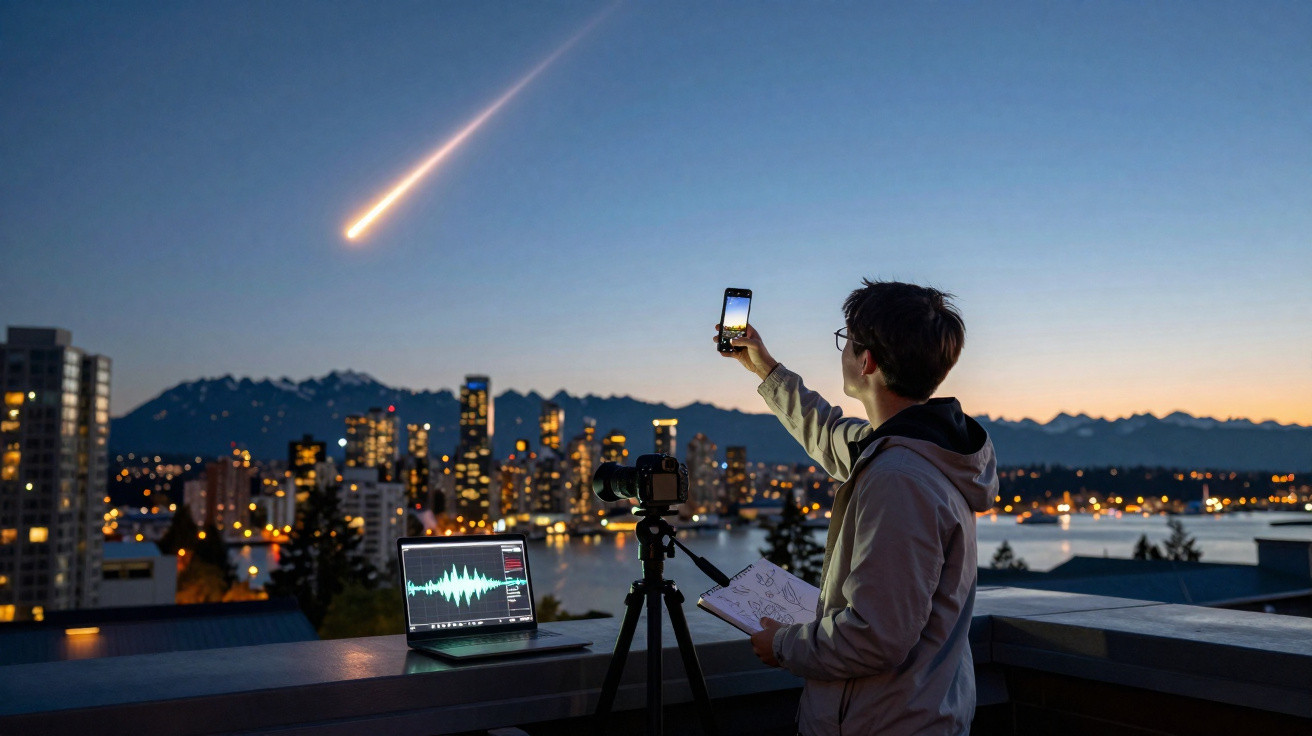 Pessoa numa varanda à noite a captar fenómeno luminoso no céu com smartphone, com laptop e câmara montada à frente.