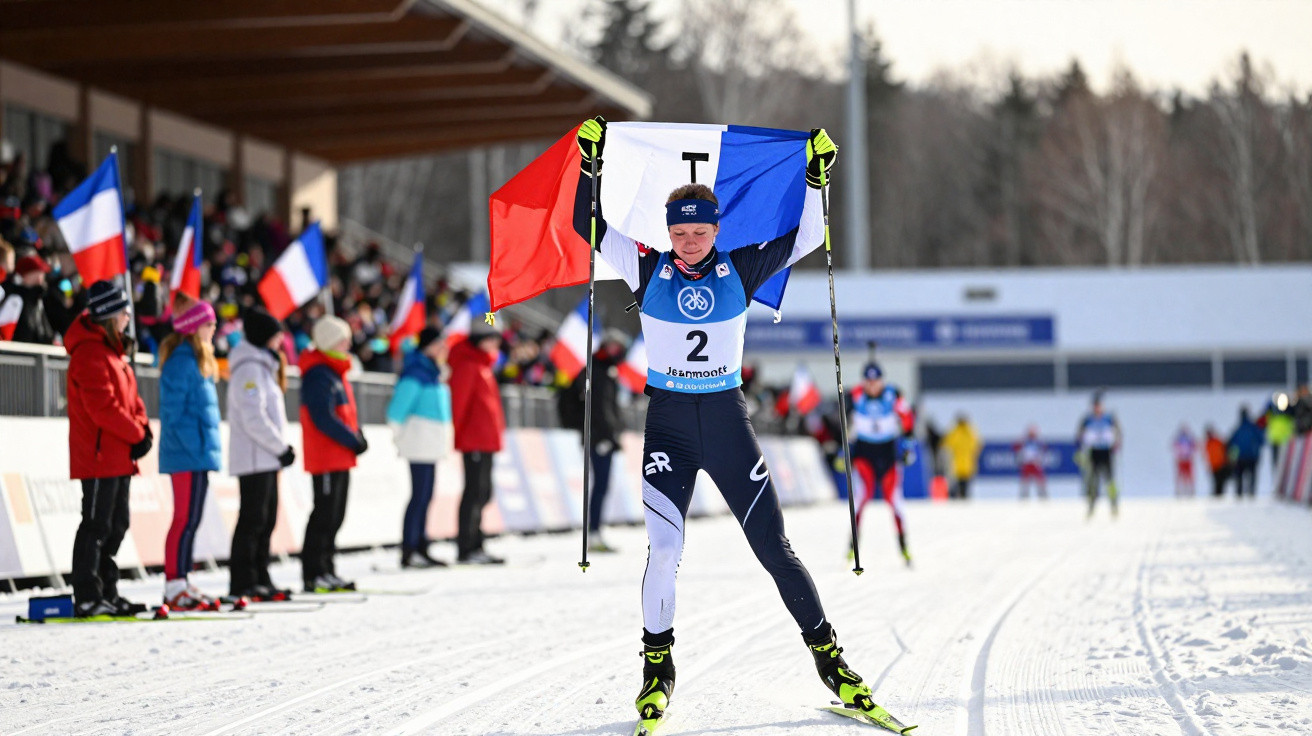 Atleta de esqui cross-country celebra vitória com bandeira da França numa pista de neve com espectadores ao fundo.