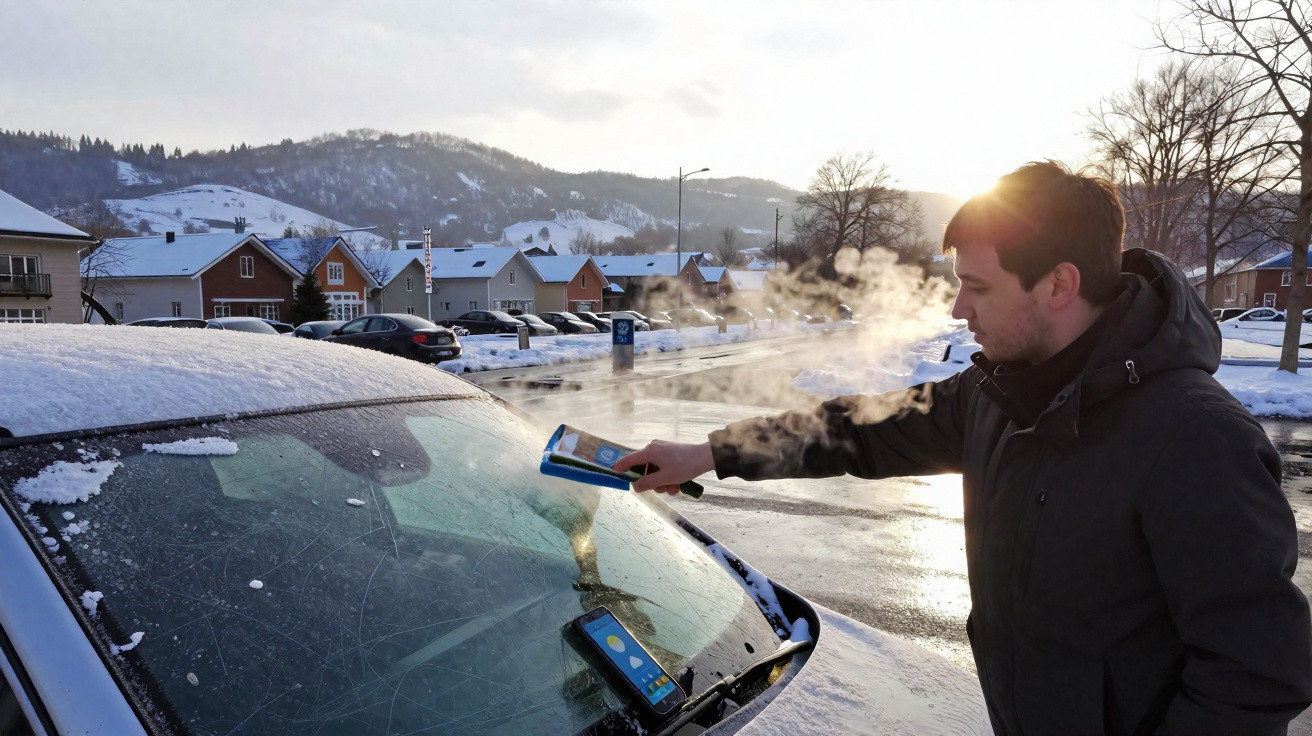 Homem a limpar geada do para-brisas de carro numa manhã de inverno com neve e casas ao fundo.