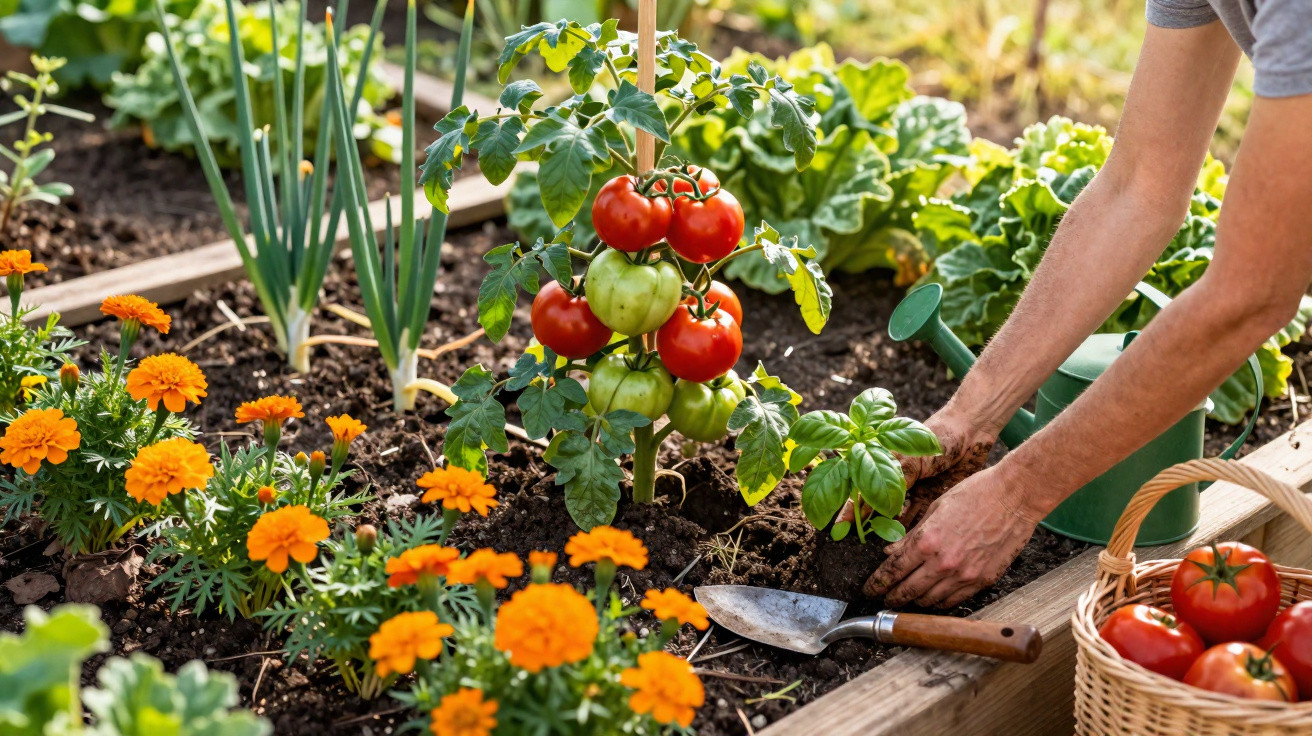 Pessoa a cuidar de hortaliças numa horta com tomates, manjericão e flores coloridas, regador e cesto de tomates.