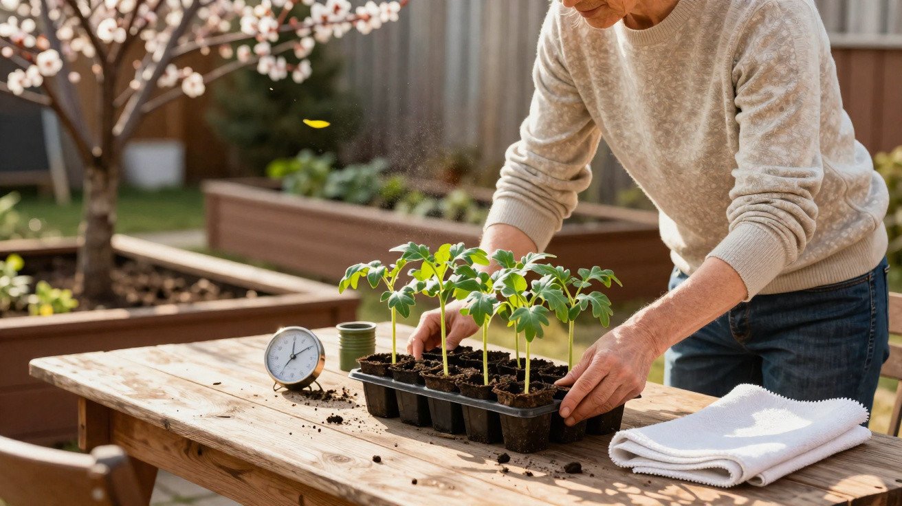 Pessoa a cuidar de plantas jovens num tabuleiro no jardim, com cronómetro e toalha na mesa de madeira.