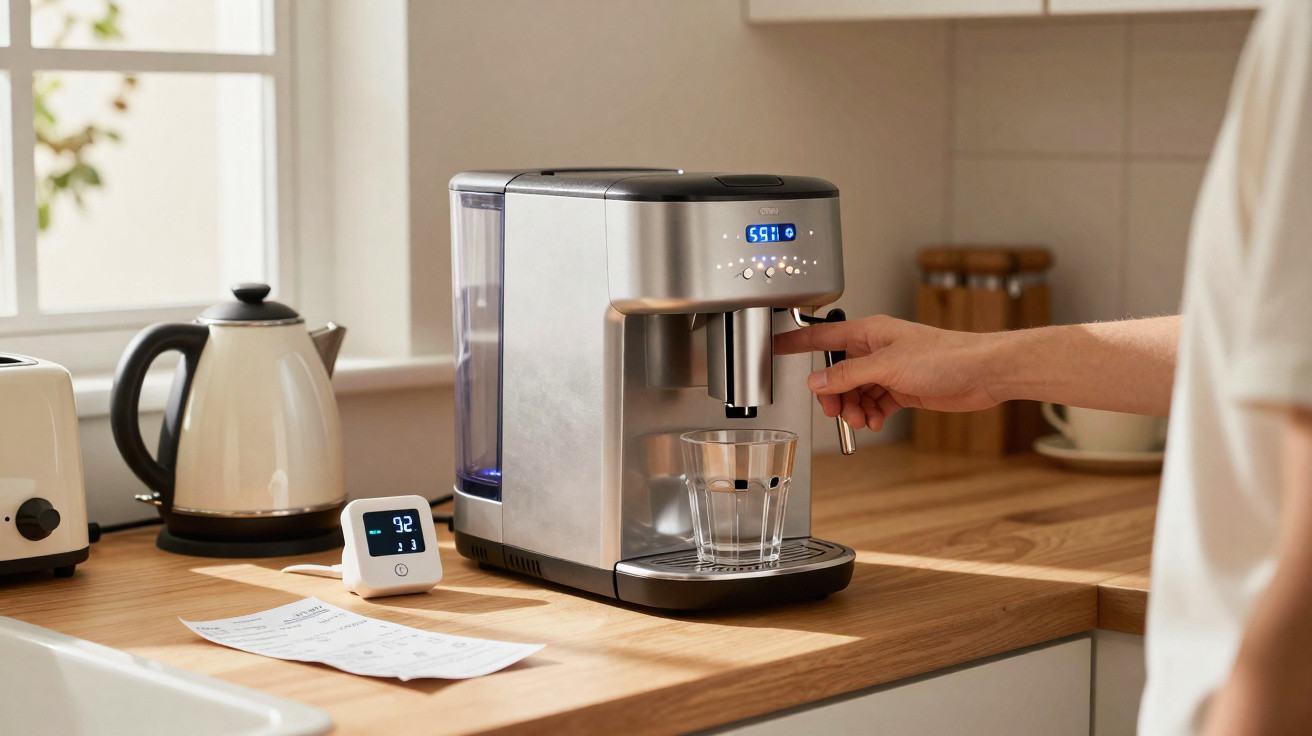 Pessoa a operar máquina de café expresso numa cozinha moderna com jarro elétrico e utensílios na bancada.