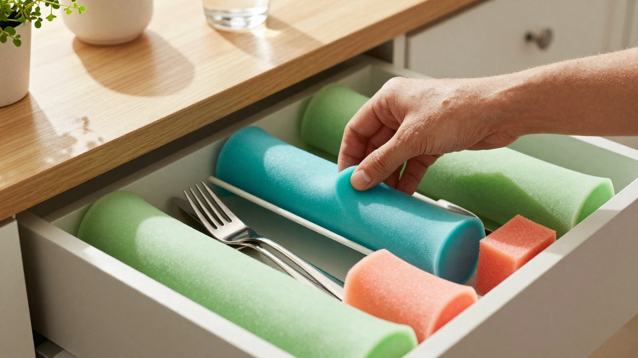 Mãos a colocar organizadores de esponja coloridos numa gaveta de talheres numa cozinha.