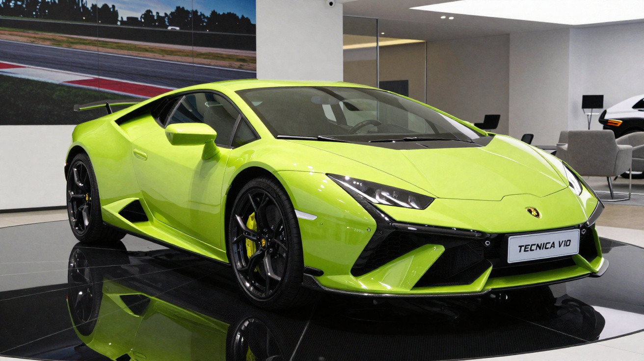 Carro desportivo Lamborghini Tecnica V10 verde em exposição num salão moderno.
