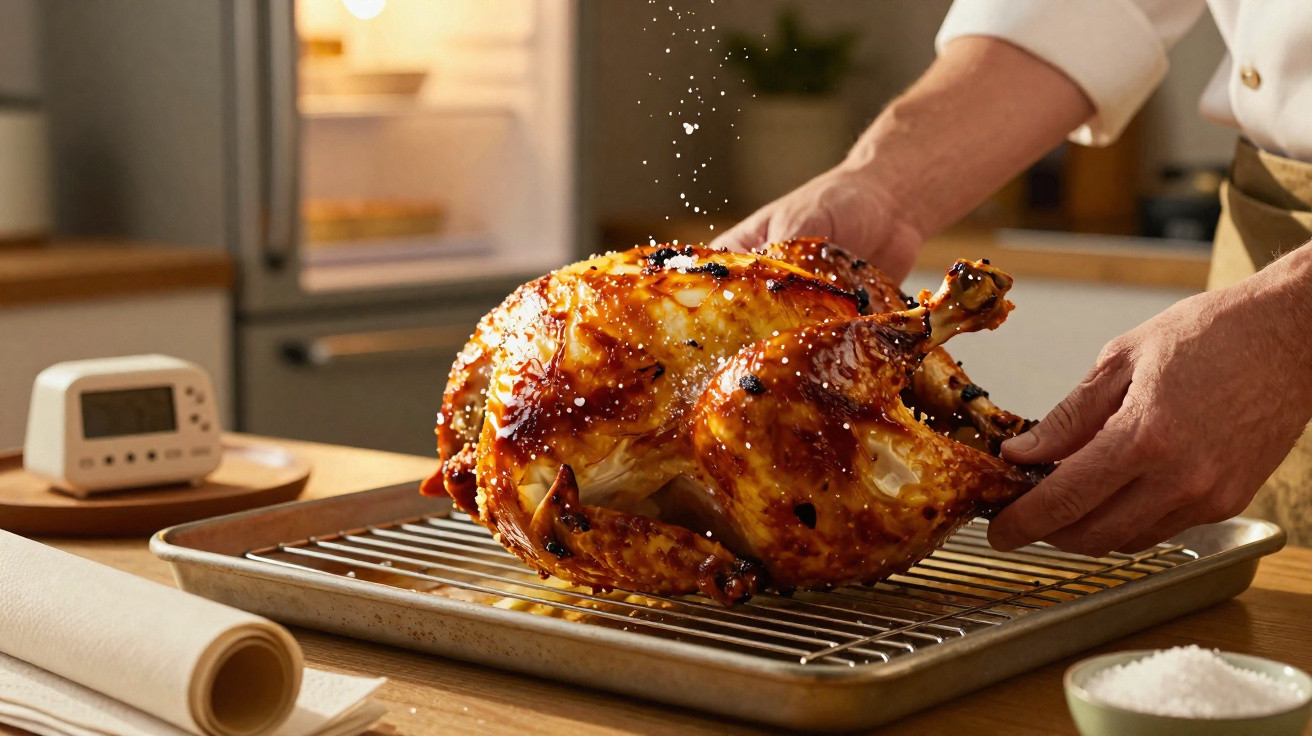 Frango assado dourado a sair do forno, com mãos a segurá-lo numa bancada de cozinha.