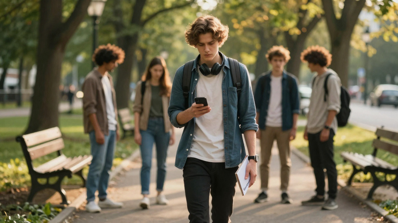 Jovem com auscultadores e mochila usa telemóvel caminhando num parque, com quatro pessoas ao fundo.