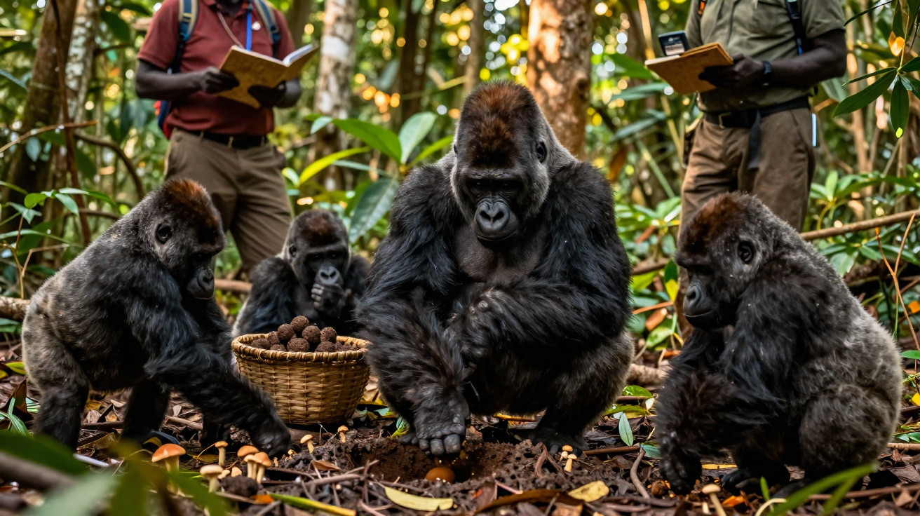 Gorilas junto a dois homens a observar e anotar, numa floresta densa com vegetação e cogumelos no chão.