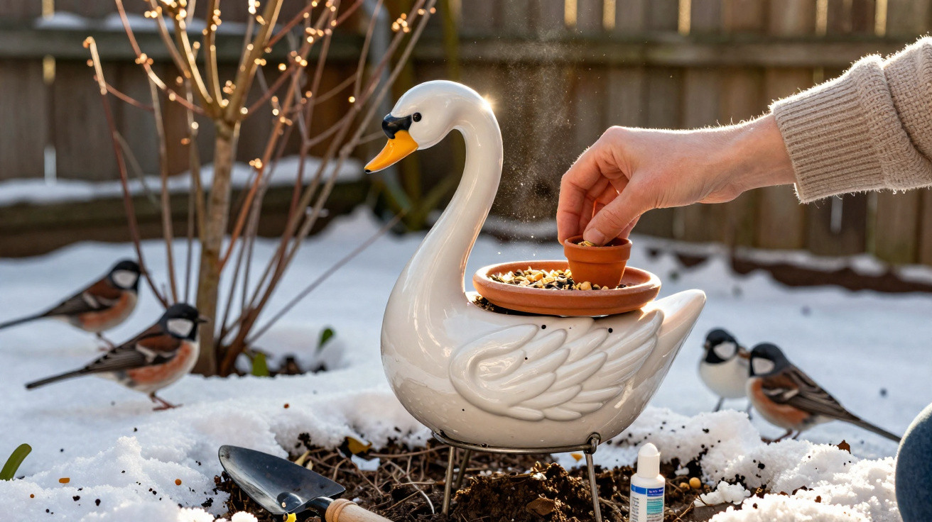 Mãos a colocar comida para pássaros numa escultura de cisne branca num jardim com neve.