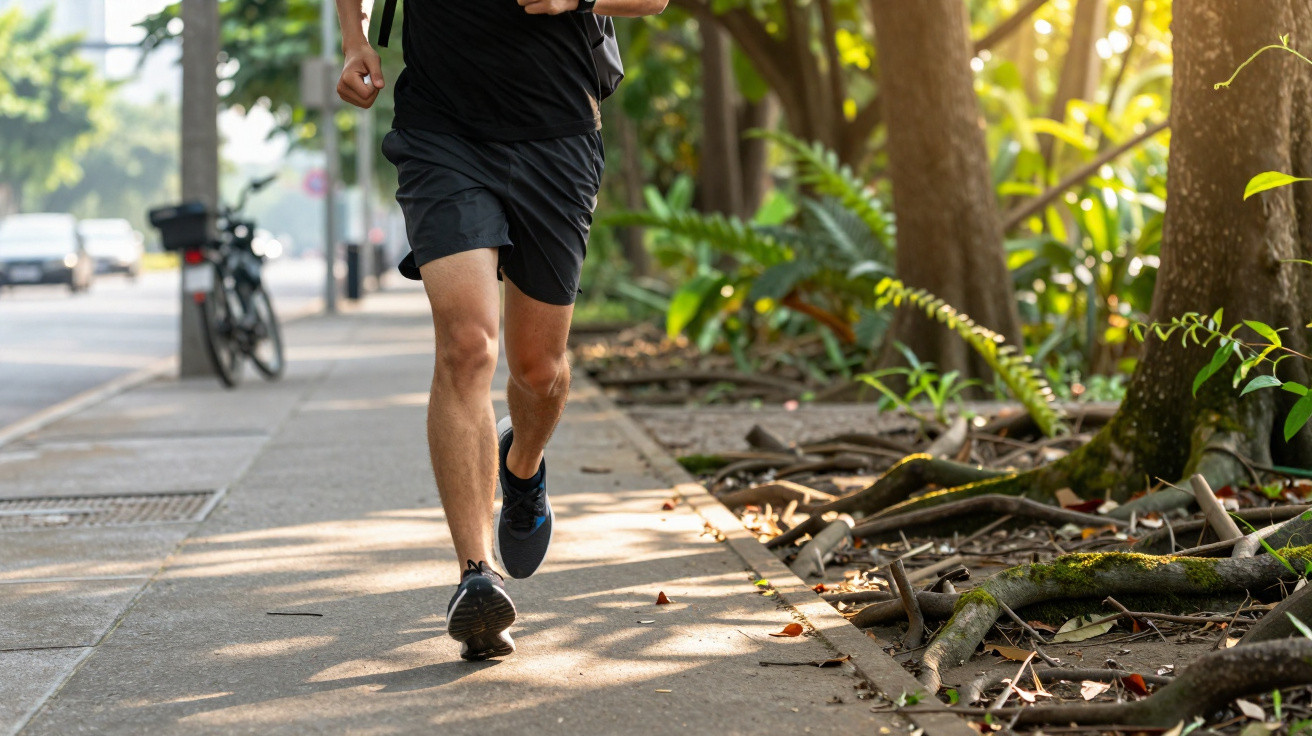 Pessoa a correr num passeio urbano junto a árvores com raízes expostas e vegetação.