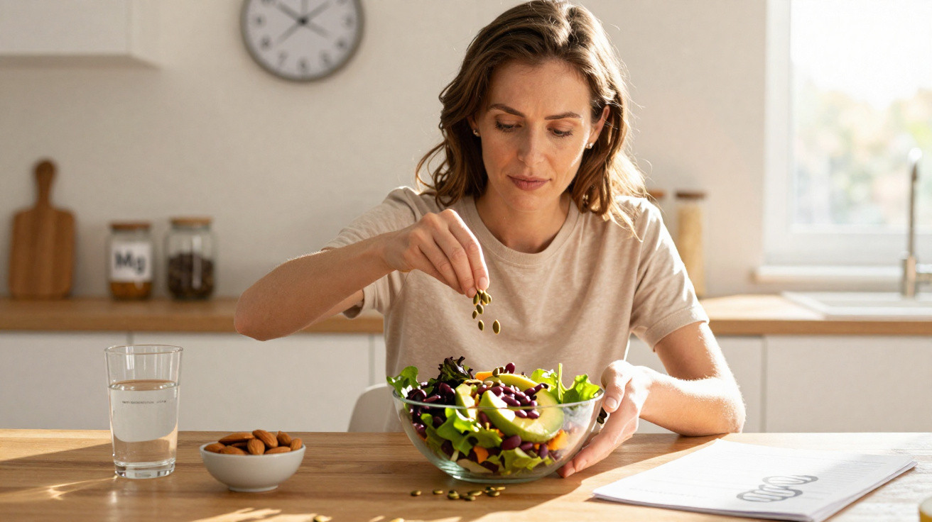 Mulher a preparar salada com folhas verdes e abacate numa cozinha luminosa.