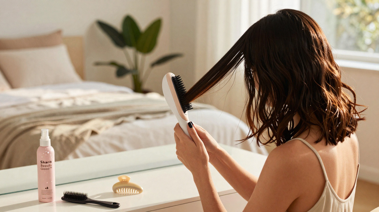 Mulher a escovar o cabelo húmido com uma escova elétrica, sentada junto a uma cómoda num quarto claro.