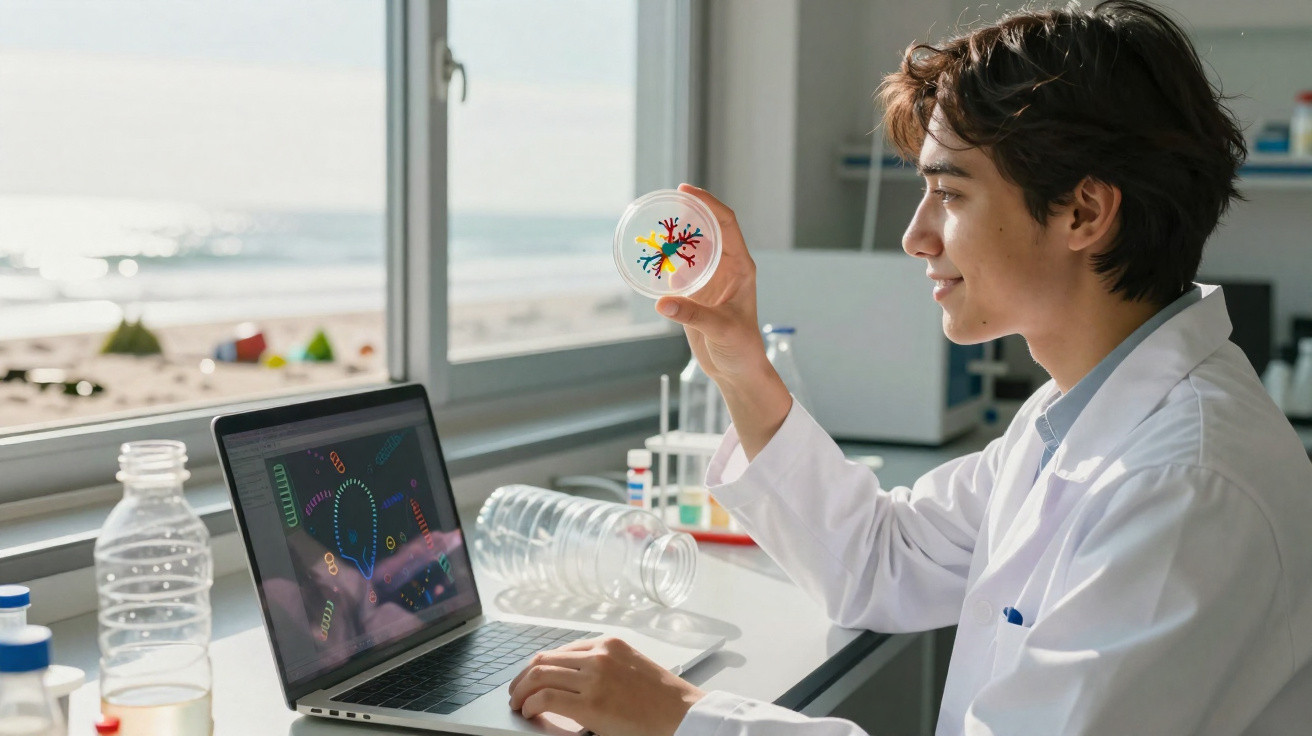 Cientista observa amostra em placa de Petri com gráfico de DNA no ecrã de um portátil num laboratório.