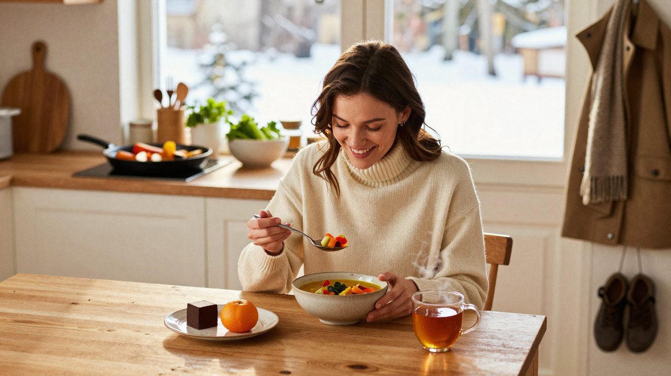 Mulher sorridente a comer sopa de legumes sentada à mesa de madeira numa cozinha luminosa.