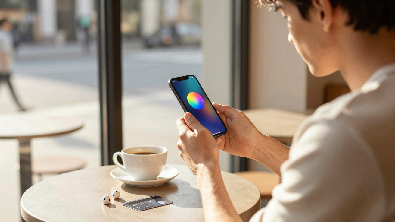 Pessoa sentada numa mesa com café, a usar smartphone numa aplicação junto a uma janela.