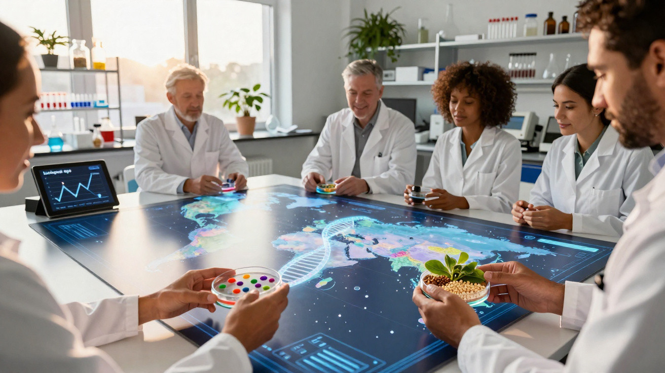 Cientistas em batas brancas analisam dados genéticos e um mapa interativo numa mesa digital moderna.