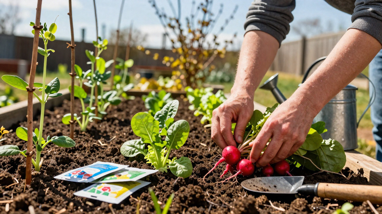Pessoa a colher rabanetes frescos numa horta ao ar livre com utensílios de jardinagem ao lado.