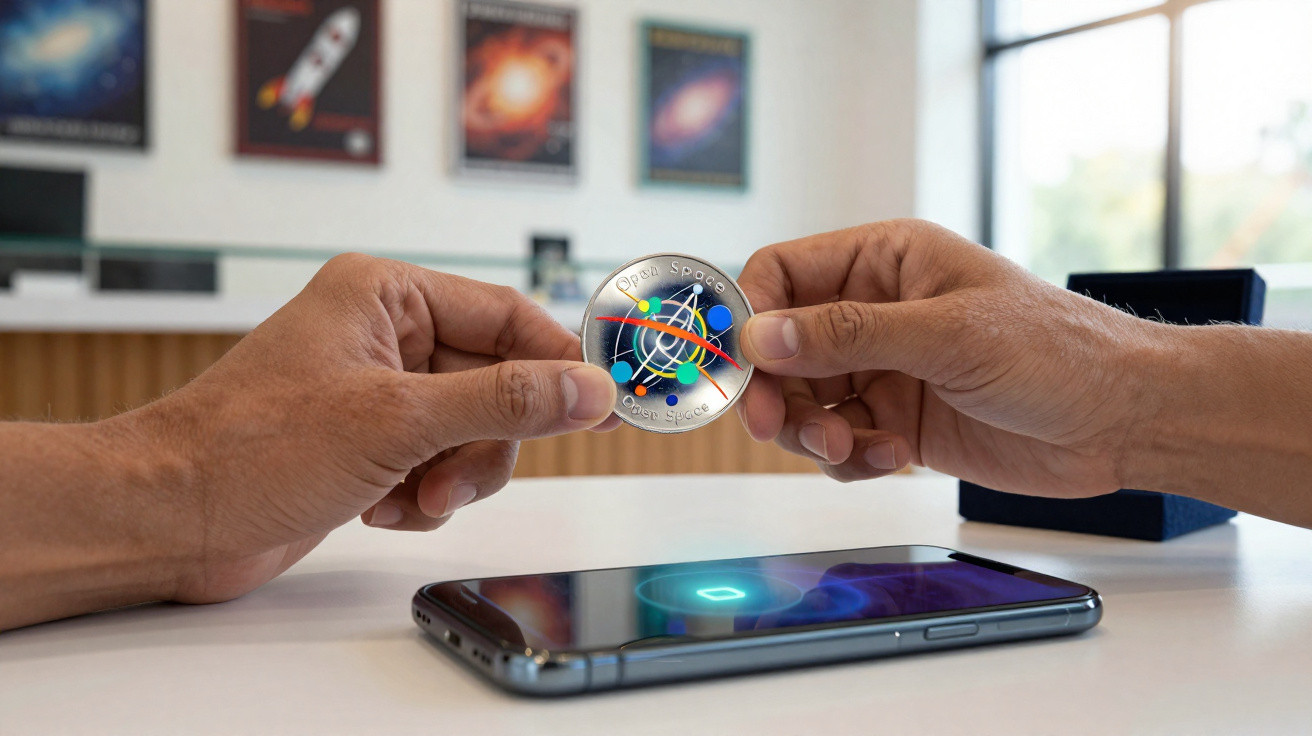 Mão segura moeda com design espacial perto de smartphone que projeta holograma no ecrã plano branco.