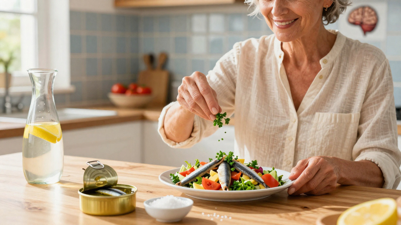 Mulher a temperar salada com sardinhas, tomate e limão numa cozinha moderna e luminosa.