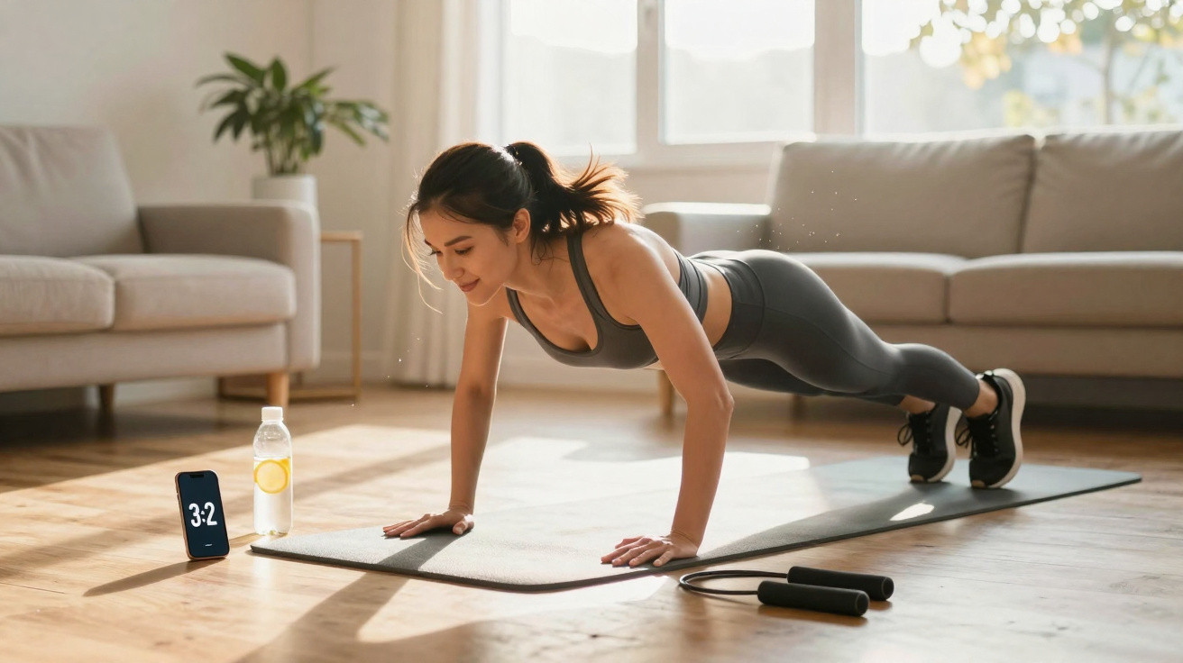 Mulher a fazer prancha numa esteira de yoga em sala iluminada, com garrafa de água e corda de saltar.