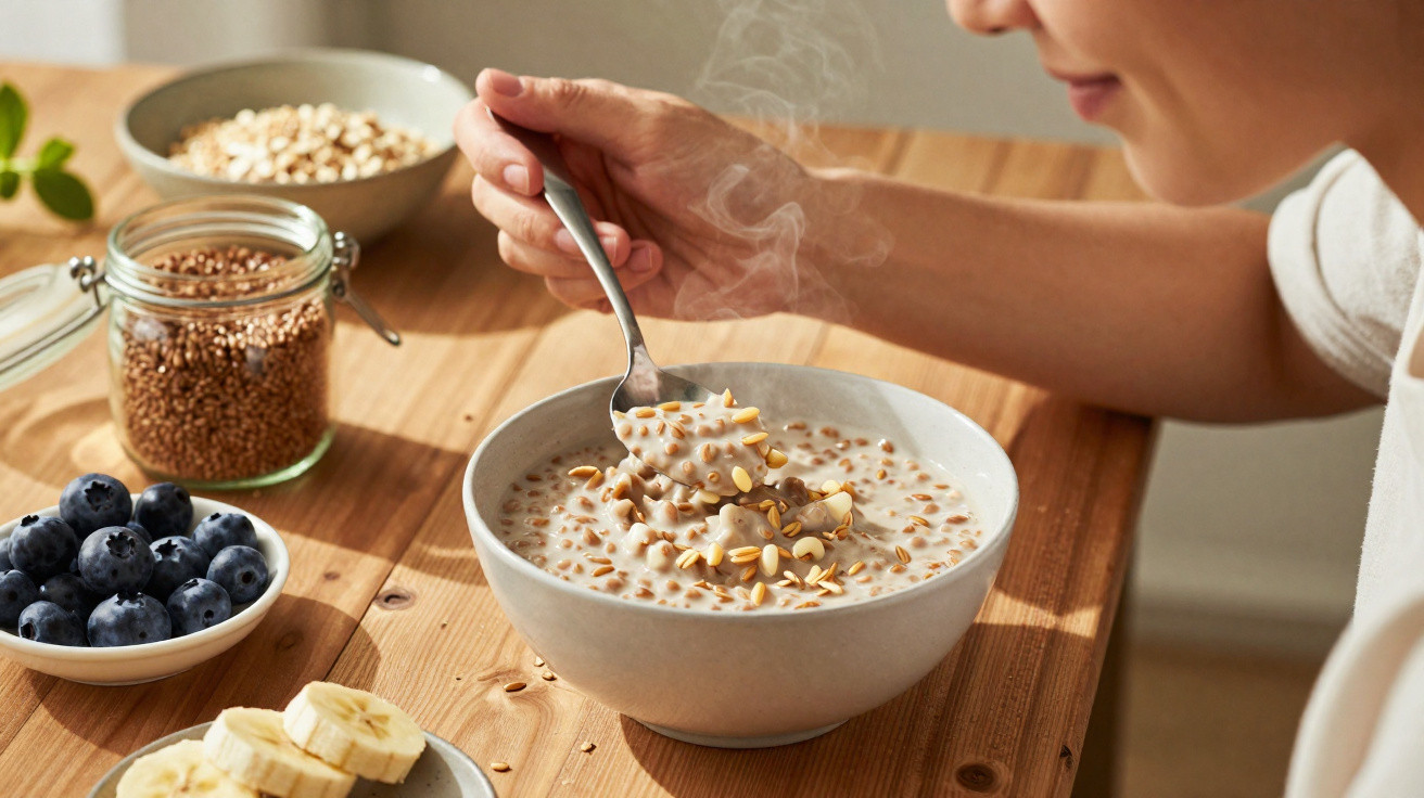 Pessoa a comer papa quente com sementes e uma mesa com frutos e cereais ao fundo