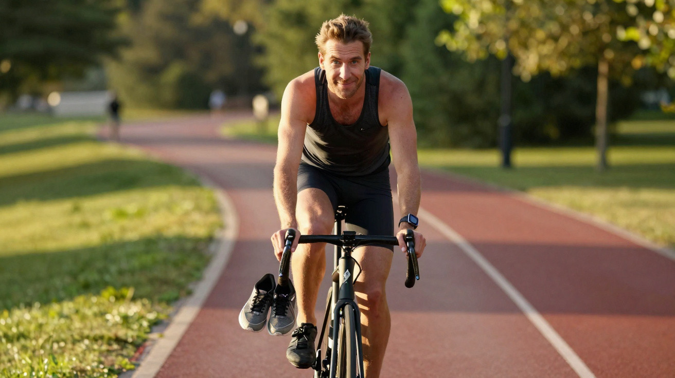 Homem jovem em roupa de desporto anda de bicicleta num parque ao fim da tarde.