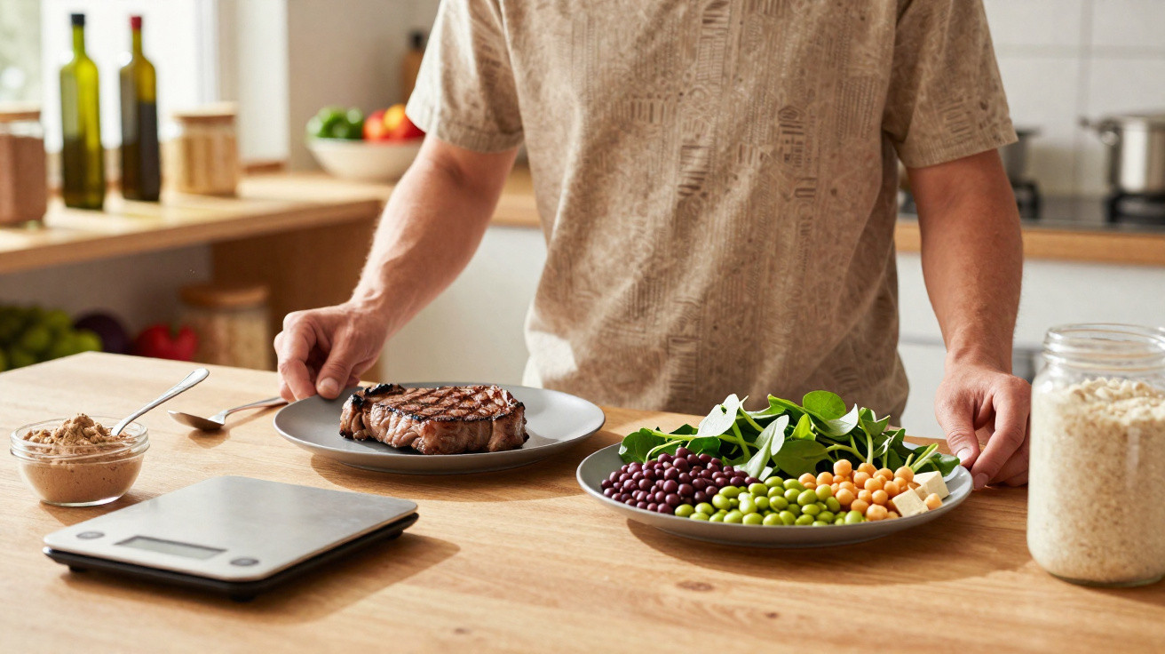 Pessoa a escolher entre bife grelhado e prato com legumes, leguminosas e queijo na cozinha.