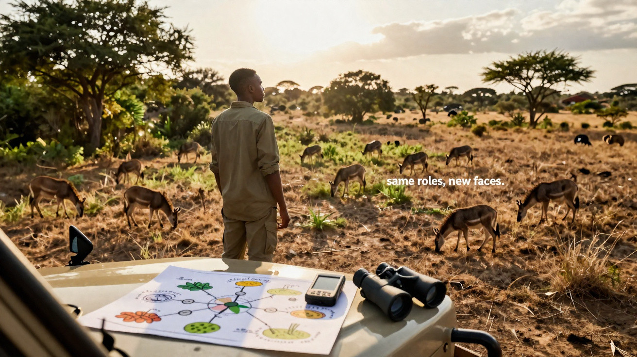 Homem observa rebanho de antílopes numa savana ao pôr do sol, com binóculos e mapa numa viatura.