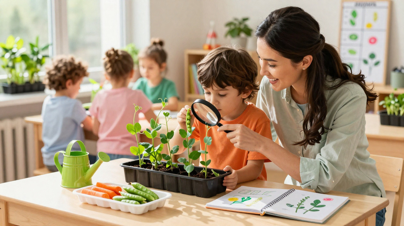 Criança observa plantas com lupa acompanhada de professora numa atividade educativa sobre botânica.