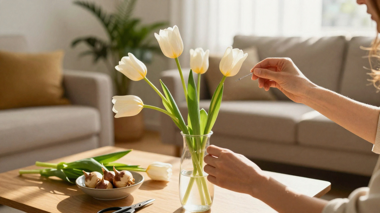 Pessoa a arranjar tulipas brancas num vaso transparente numa sala com sofá beige ao fundo.