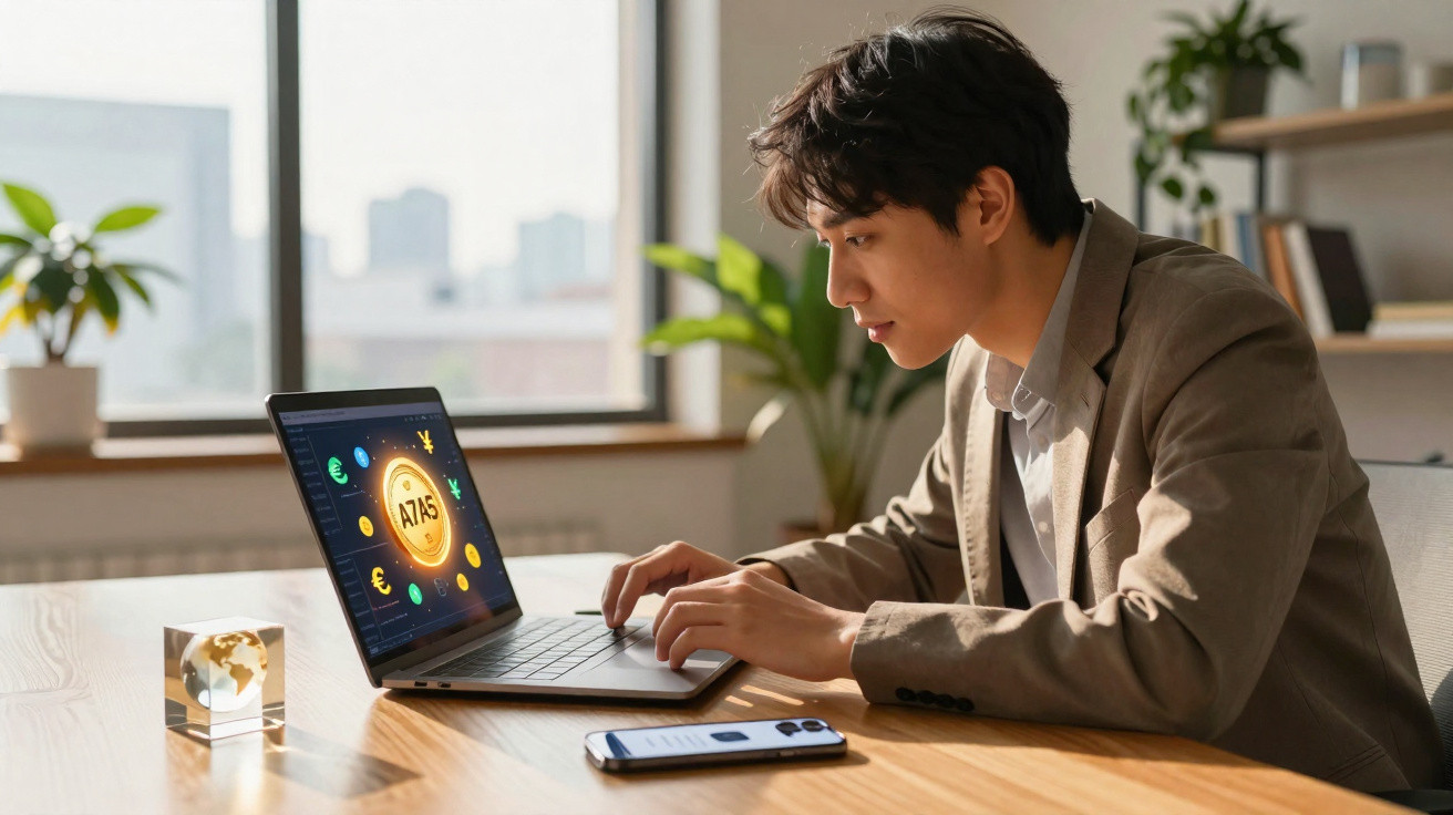 Jovem a trabalhar num portátil aberto com gráficos digitais sobre criptomoedas numa mesa com telemóvel e planta.