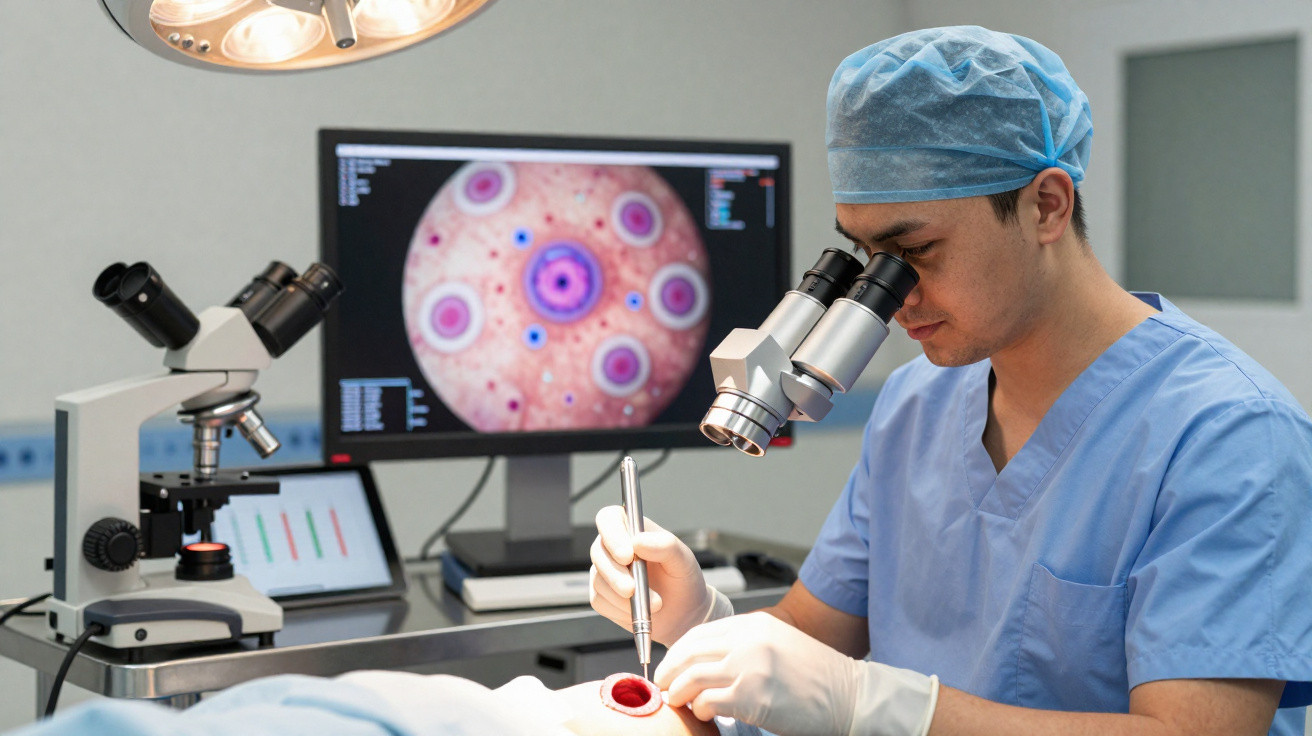 Cientista de bata azul observa amostra ao microscópio num laboratório com ecrãs e equipamento científico.