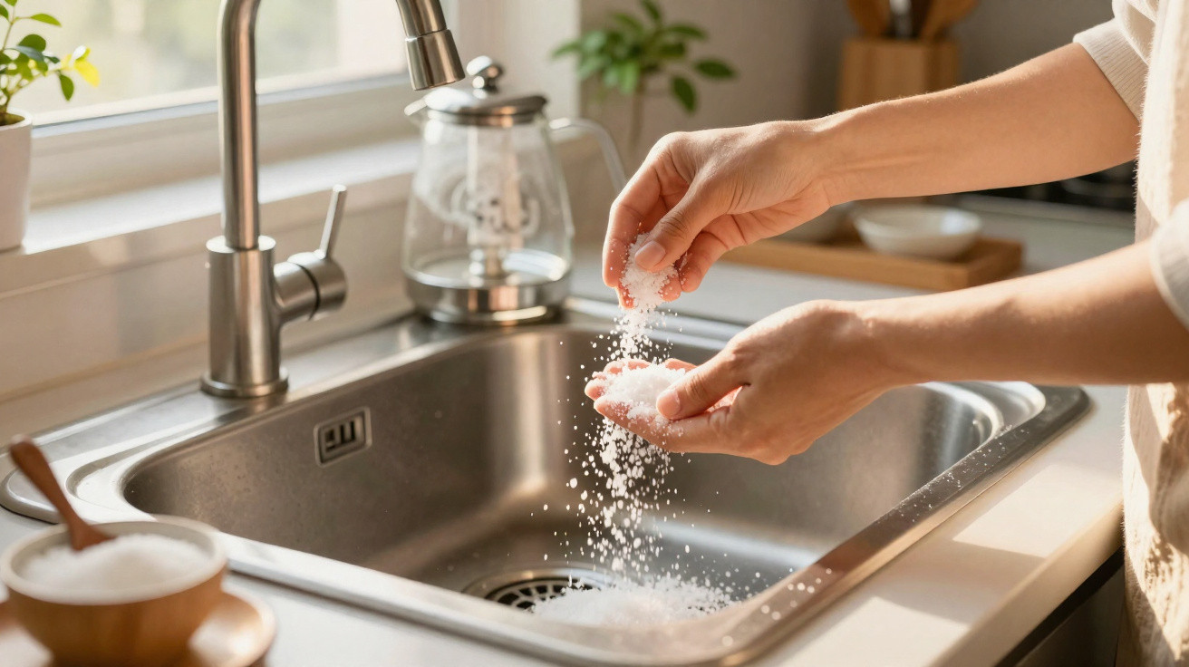 Mãos a polvilhar sal sobre uma pia de cozinha com acessórios ao redor e luz natural na janela.